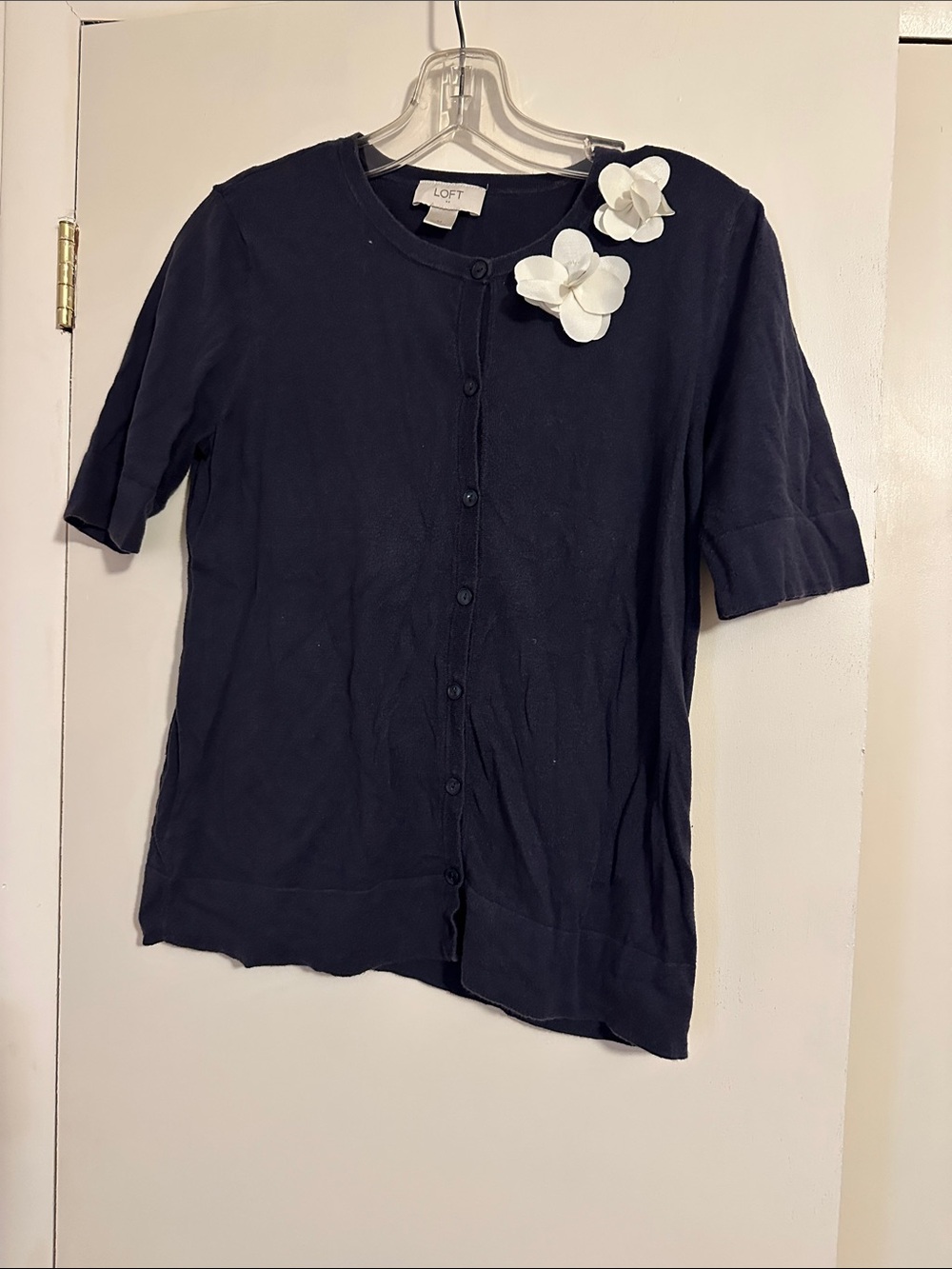 LOFT Navy Short Sleeve Cardigan with White Flower Applique